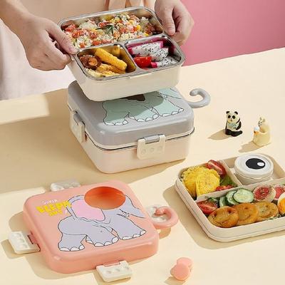 Cartoon Lunchbox met 3 vakken 304 Roestvrij staal Lekdichte Bentos Container met Cartoonpatroon