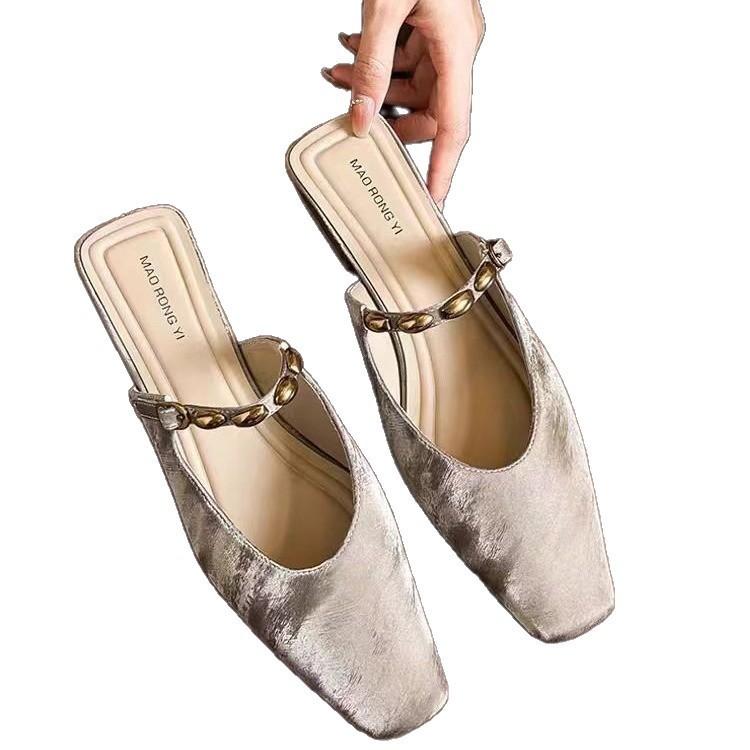 Satin Version Summer Heel-Free Square Head Muller Shoes Bag Head Cool Slippers Women'S Summer Wear Thick Heel Half Drag Single Shoes