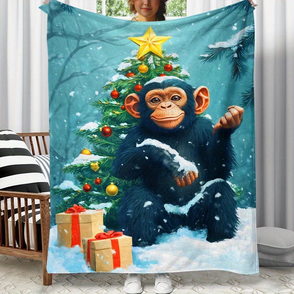 

1pc Christmas monkey snow tree gift blanket festive holiday blanket winter decor Xmas present soft flannel blanket 75x100cm