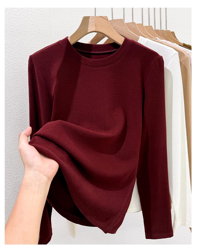 Women's Wool Silk Round Neck Base Layer Shirt - Autumn/Winter 2025 Collection, Velvet-Thickened for Warmth