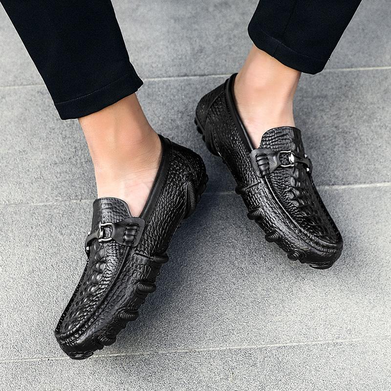 Fashion Genuine Leather Men Casual Shoes Crocodile Pattern Mens All-match Loafers Mens Slip on Office Shoes Antiskid Men Dress Footwear