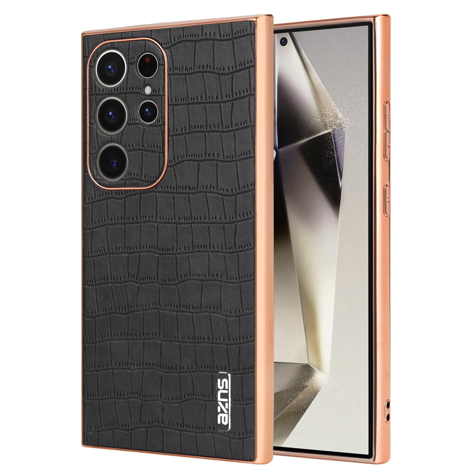 

For Samsung Galaxy S22 Ultra 5G Case Crocodile Pattern Electroplated Leather+TPU Phone Case Black