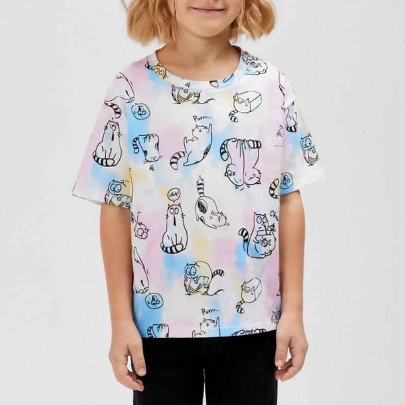 Dziecięce kreskówkowe koszulki z nadrukiem słodkiego kociaka, modne, miękkie i wygodne
