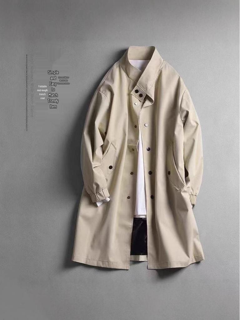 Men's Mid-Length Single-Breasted Trench Coat with Stand-Up Collar - Loose Casual Fit, Plus Size, British Style Jacket