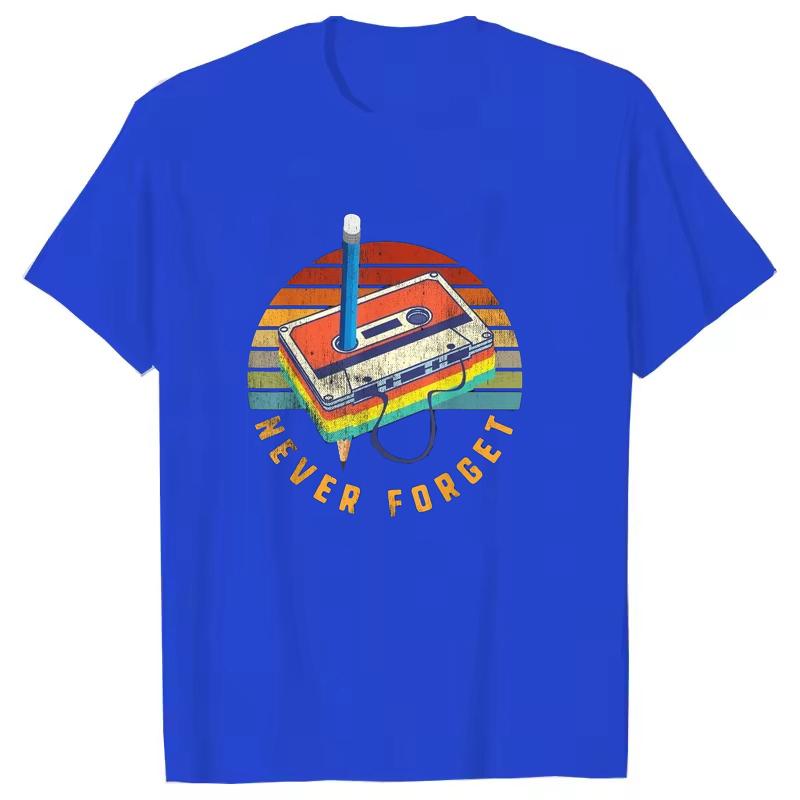 Retro 80s Cassette Tape Pattern Women T-shirt Never Forget Printed Short-sleeved Shirt Soft and Breathable Fabric Round Neck Top