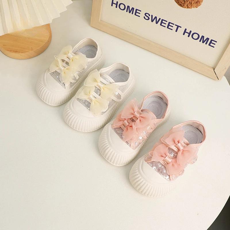 Girls Causal Shoes Summer Mesh Breathable Kids School Canvas Shoes Fashion Sequins Versatile Children Walking Shoes Hook Loop
