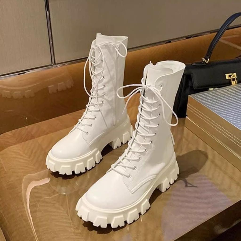 Height Increase Platform with Laces Leather Mid Calf Shoes Woman Spring Autumn New In Demi-season Hot Half High Boots for Women