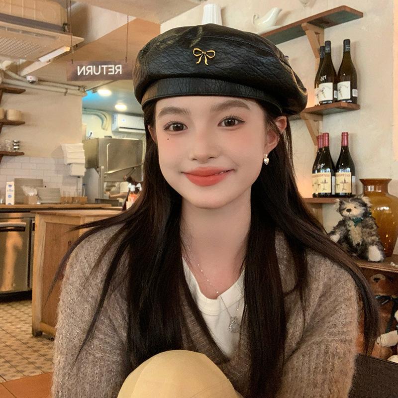 Liangfang High Quality Bow Leather Beret Hat Newsboy Painter Hat Autumn And Winter