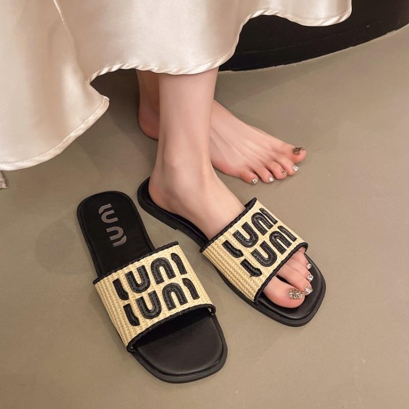 

Fashion Vintage Woven Women s Sandals Fashion Letter Woven Flat Slippers 2025 Summer Vacation Beach Slides Outer Wear slipper 35 чёрный