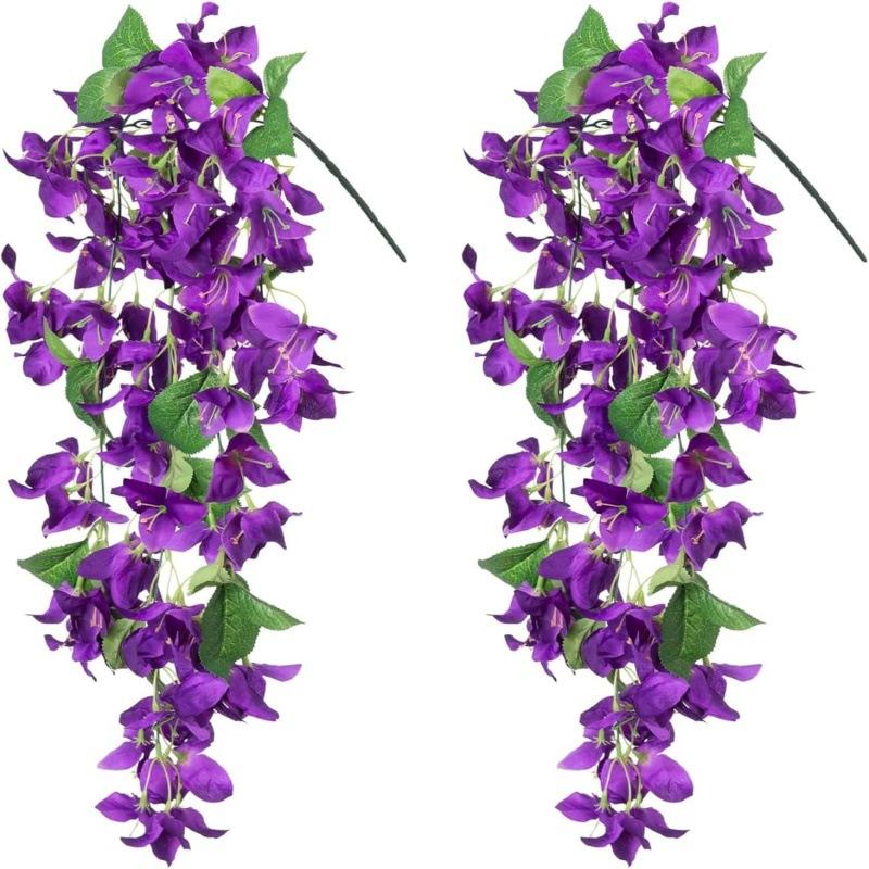 2PC Artificial Violet Flower for Wedding Party Courtyard Garden Orchid Fake Flower Leaf Vines Wall Hanging Plants Home Decoratio