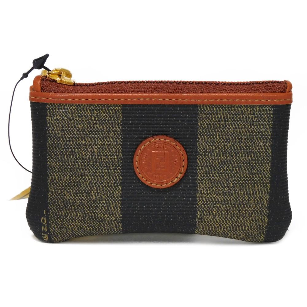 Used 11491 Old Pecan Coin Purse 7943 Striped Brown Key Ring Vintage FF Logo Fabric Kaiiki Unisex from Japan AUTHENTIC