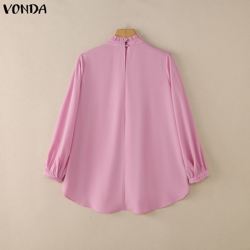 VONDA Women Elegant Casual Ruffled Stand Neck Loose Long Sleeve Irregular Blouse