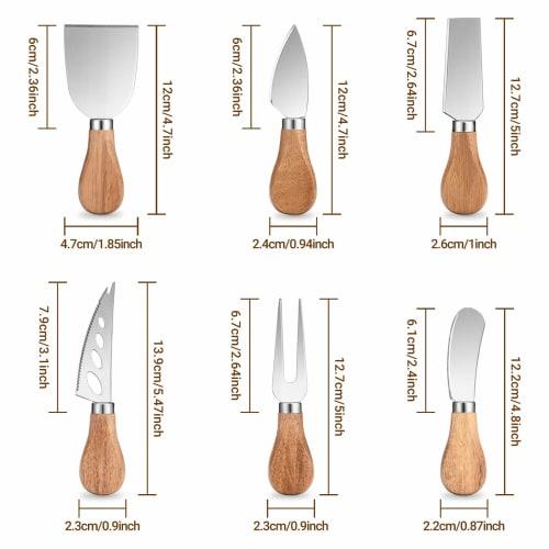 6-piece Cheese Knife Set, Stainless Steel Cheese Cutlery with Cheese Slicer and Cheese Cutter Wood Handle. Includes Cheese Knife, Cheese Fork, and Che