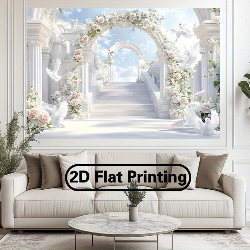2D flat elegant paradise-themed 2D flat banner - ethereal white flower arches with roses and doves soft blue sky background