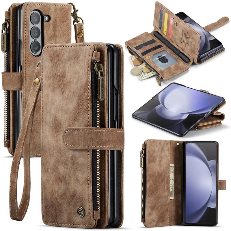 Business Retro Wallet Leather Flip Case For Samsung Galaxy Z Fold5 Fold 4 Z Fold 3 Coin Purse Zipper Wrist Strap