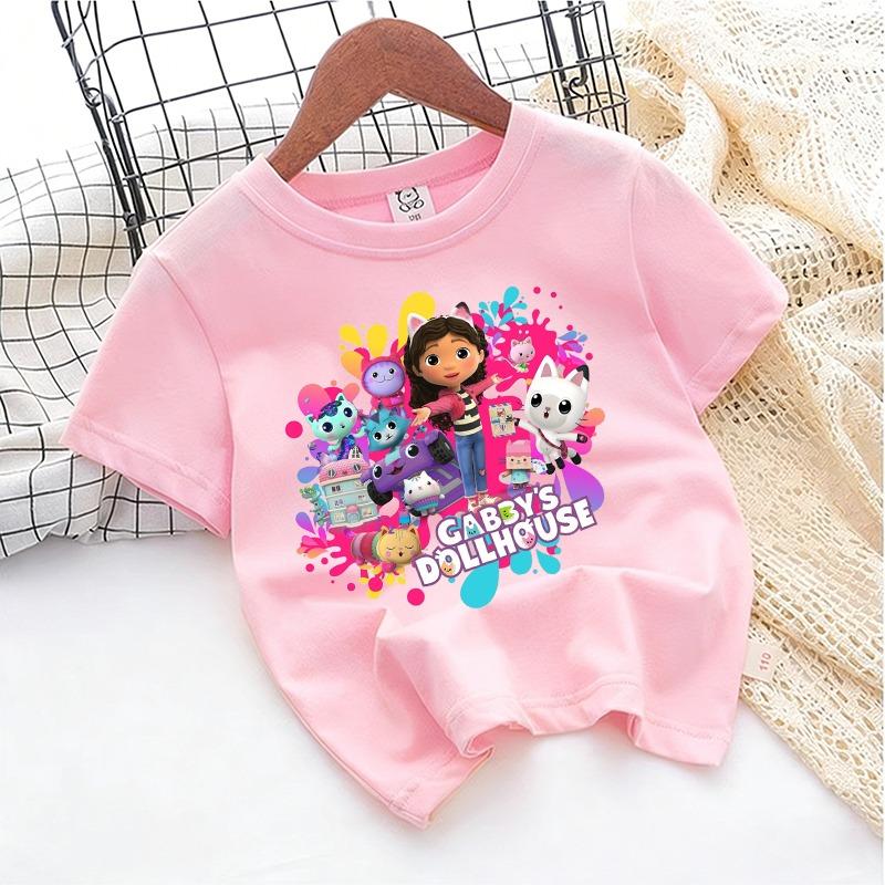 Gabbys Dollhous Child Cotton T-shirt Short Sleeve Anime Cartoon Print Girl Toddler Tees Streetwear Casual Kids Cute Clothes Tops