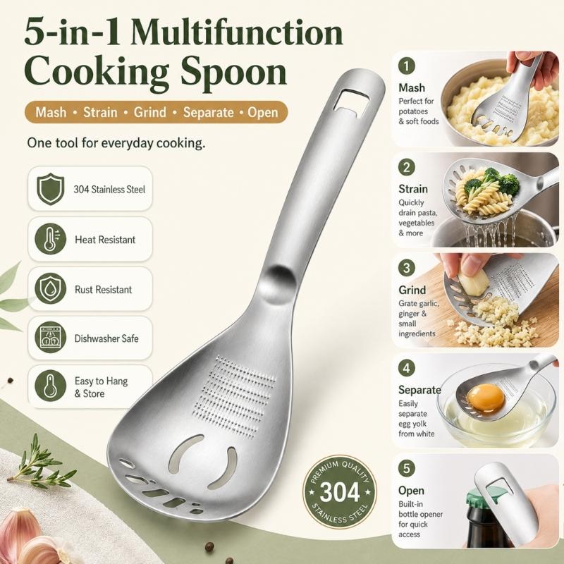 Multifunktionale Edelstahl-Küchenlöffel mit ergonomischem Griff Eiertrenner Kartoffelstampfer Schaumlöffel Sieb und Flaschenöffner