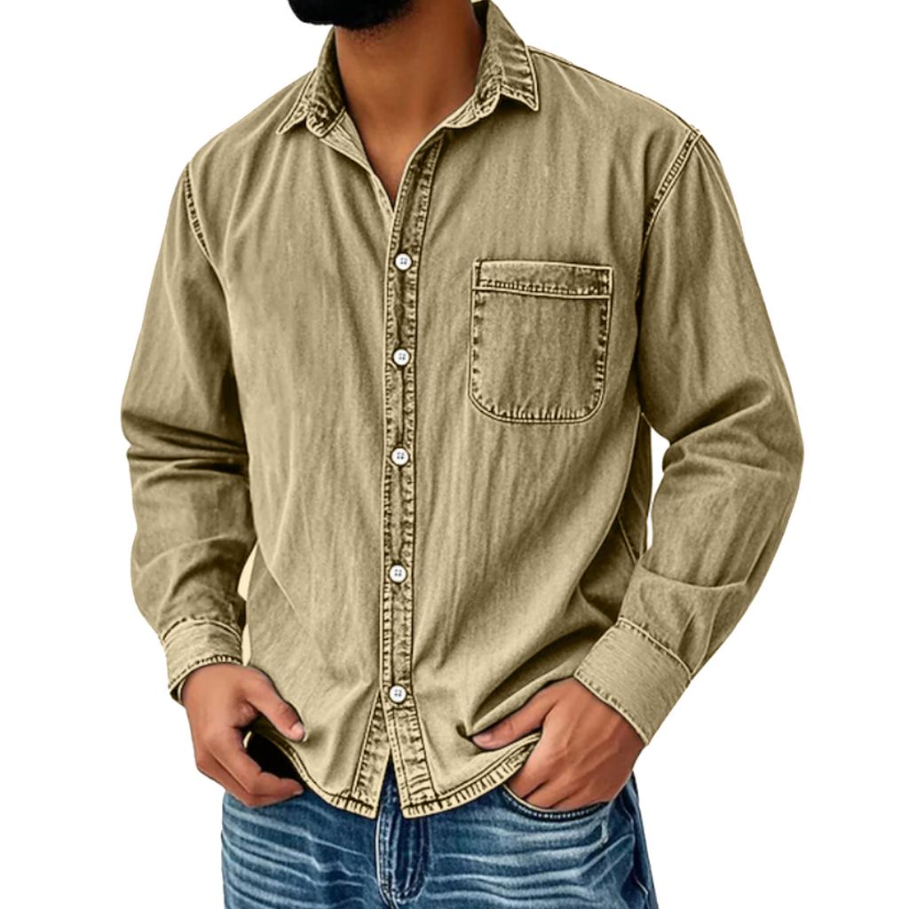 Pánská ležérní barevná sepraná džínová košile, Pánské americké pracovní oblečení, Retro praný top s dlouhým rukávem
