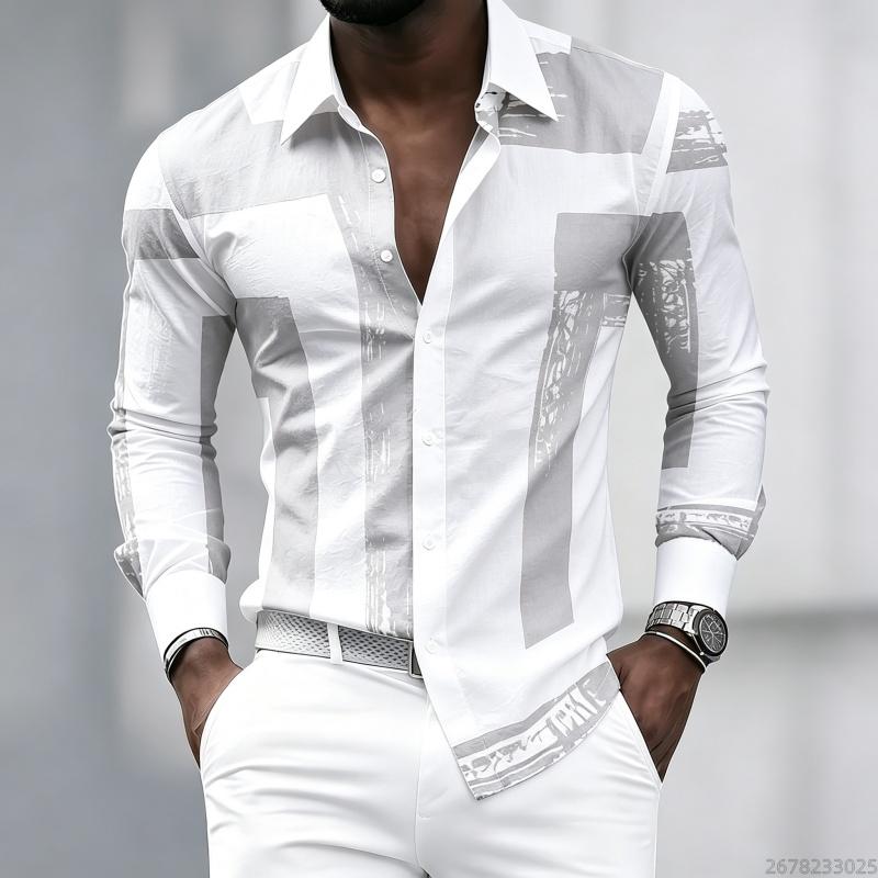 Men's Black and White Geometric Coarse Stripe Printed Long Sleeved Lapel Shirt, Retro Slim Fit Shirt, Trendy Casual Men's Top