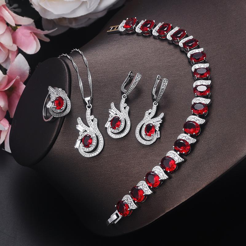 High End Top of The Ine Four Piece Set Inlaid with Big Ruby Jewelry Set Ring Bracelet Necklace Earrings