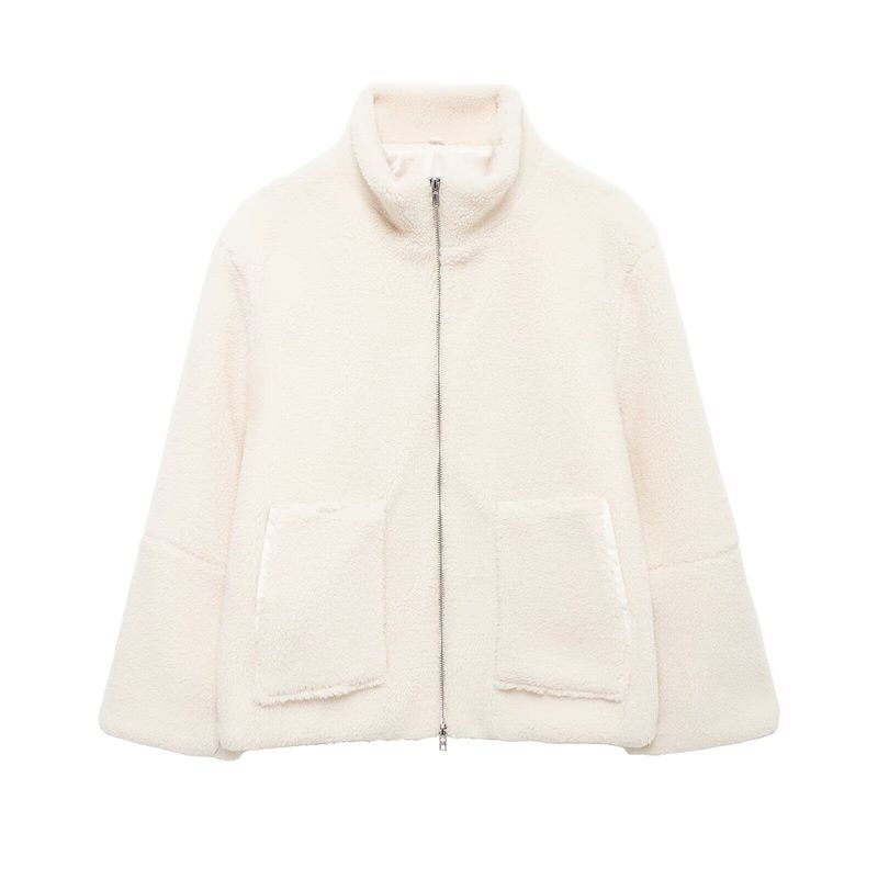 Cross-Border 2024 Amazon European and American Style Autumn and Winter New Women s Clothing Solid Color Lazy Style Lamb Wool High-Neck Woolen Coat Off-White S