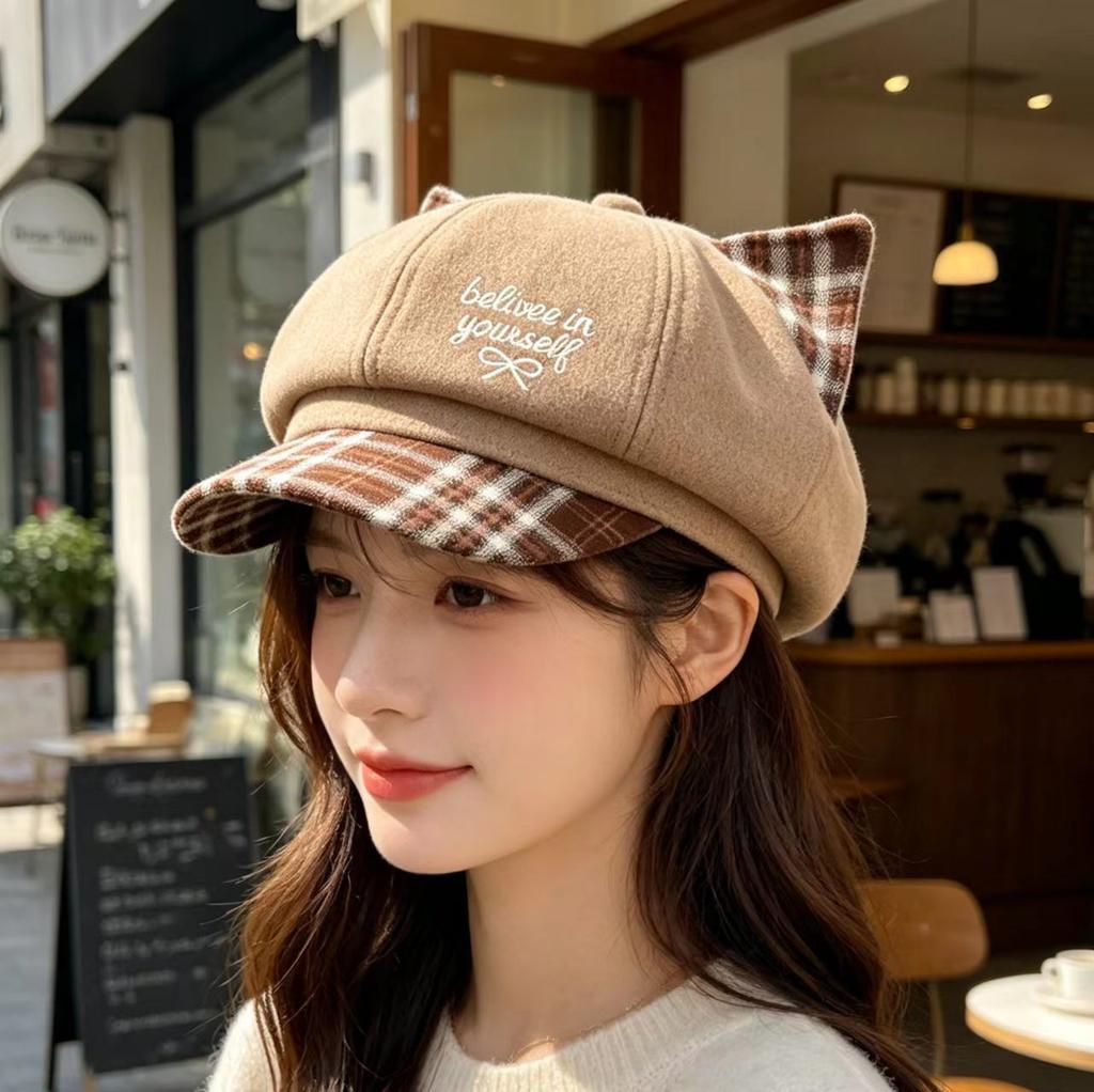 Cute Cat Ear Embroidery Hat Women's Wide Brim Small Octagonal Hat Fashion Versatile Painter Hat Duck Tongue Beret