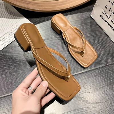 Women Wearing Toe Sandals for Summer 2024, Wearing Square Toe Thick Heels and Anti Slip Beach Flip Flops for Women