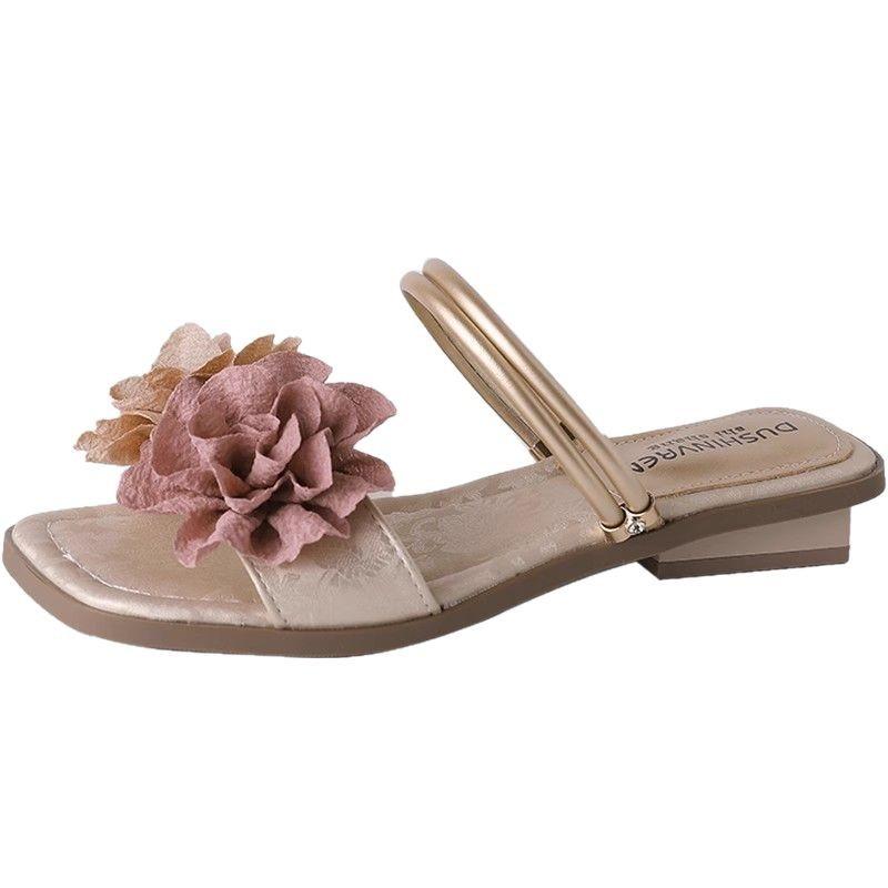 Retro flower with skirt women's outer wear summer new casual and comfortable one-word holiday slippers