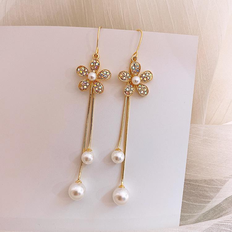 Sweet Girl Zircon Earrings Sale Korean Temperament Net Red Long Petal Tassel Earrings Women s Wholesale Pearl Earrings