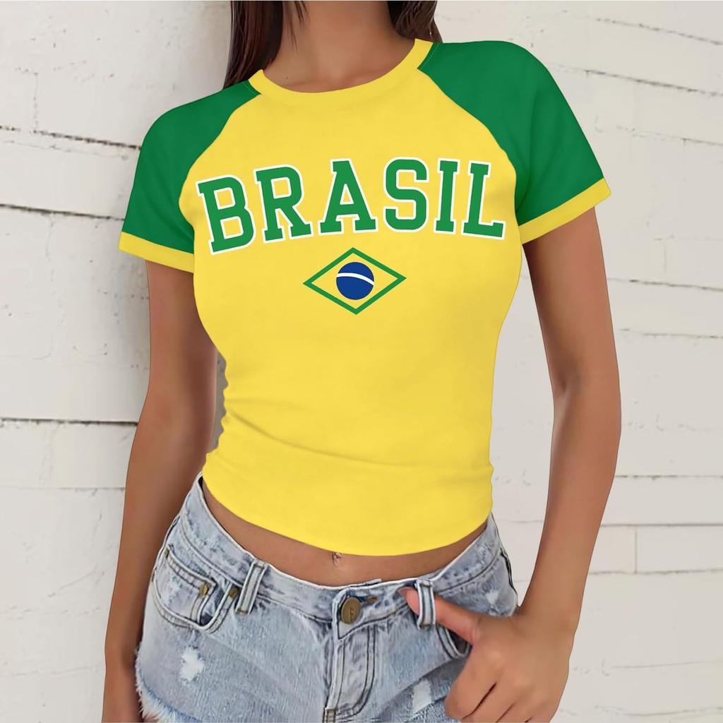 Women's Casual V Neck Short Sleeve Pullover T Shirt Letter Print Top Football Support Style Various Countries Names Design