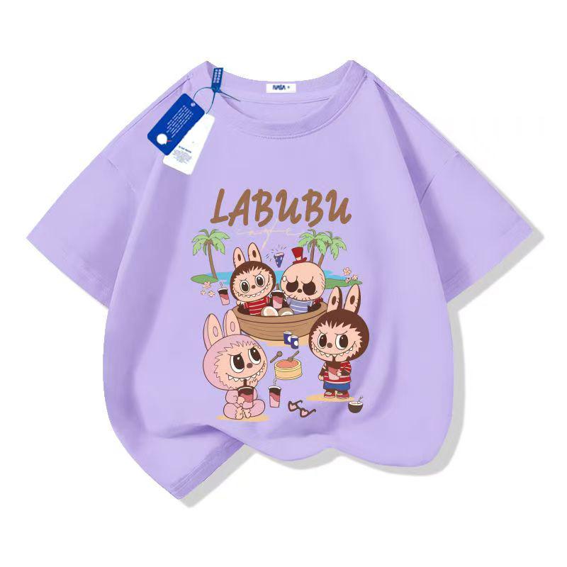 

LABUBU Мультяшный Аниме Принт Детская Футболка Летняя Футболка с Коротким Рукавом Футболка для Девочки Мальчика Детские Топы 140