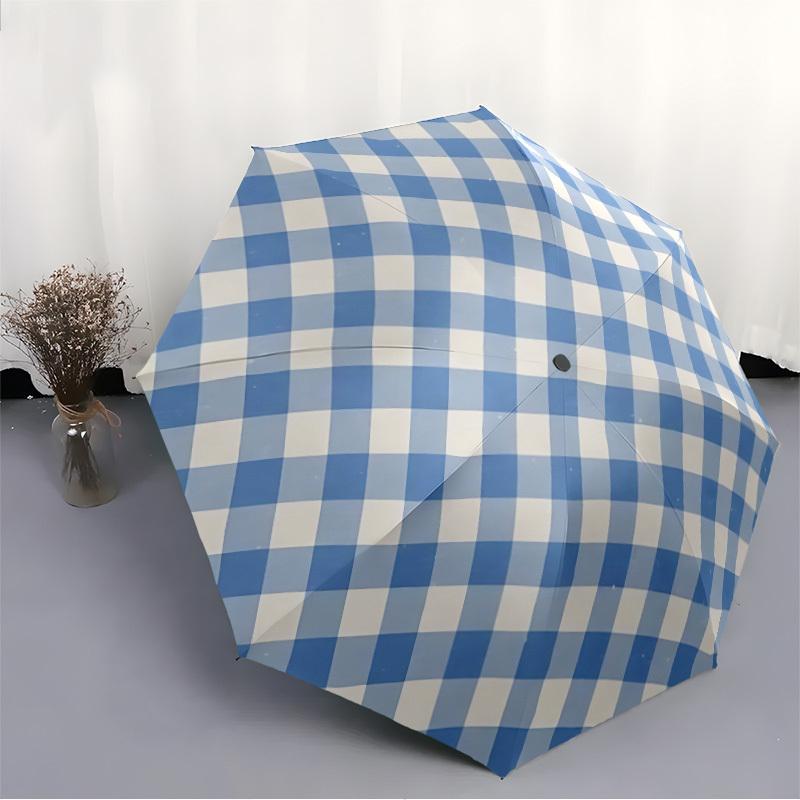 1pc Blue Checkered Pattern Automatic Open/Close Umbrella with One-Touch Button, Compact Folding Canopy, Sturdy 8-Rib Windproof Design -046