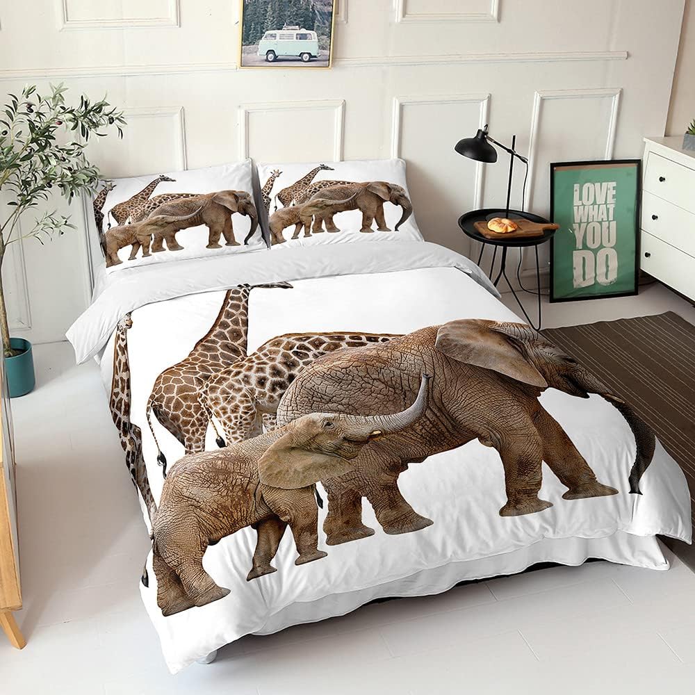 Elephant Print Bedding Set for Kids Adults,Microfiber Duvet Cover Grassland Animal Elephant Giraffe Quilt Cover with Pillowcases