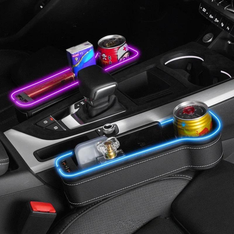 Nuova Scatola Portaoggetti per Fessure Auto con 2 Caricabatterie USB LED Colorato Tasca a Fessura per Fessura Sedile Organizzatore Sedile Porta Carte Telefono Bottiglia Porta Bicchieri