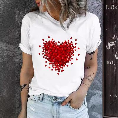 Casual Women's Short Sleeved 3D T-shirt Summer Round Neck Red Heart Printed T-shirt