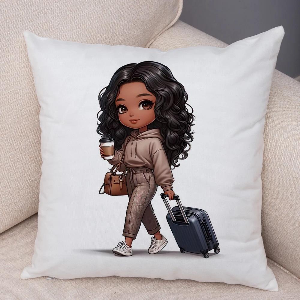 Fashion Cartoon African Girl Pillow Case Soft Plush Cushion Cover for Sofa Home Decor Cute Black Women Throw Pillowcase