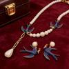 Beads Blue Enamel Swallow Necklace Bird Women's Jewelry Set Luxury Geometric Earrings  Evening