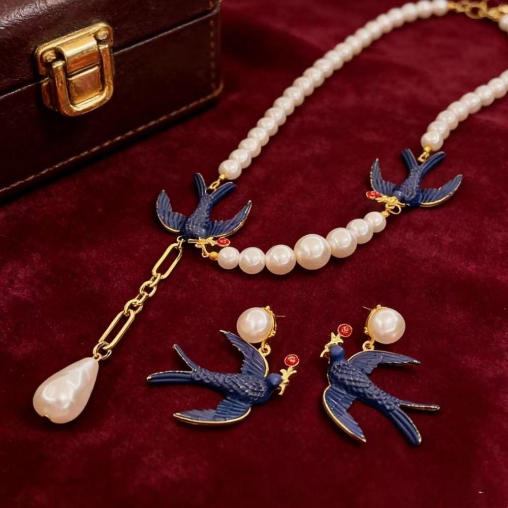 Beads Blue Enamel Swallow Necklace Bird Women's Jewelry Set Luxury Geometric Earrings Evening