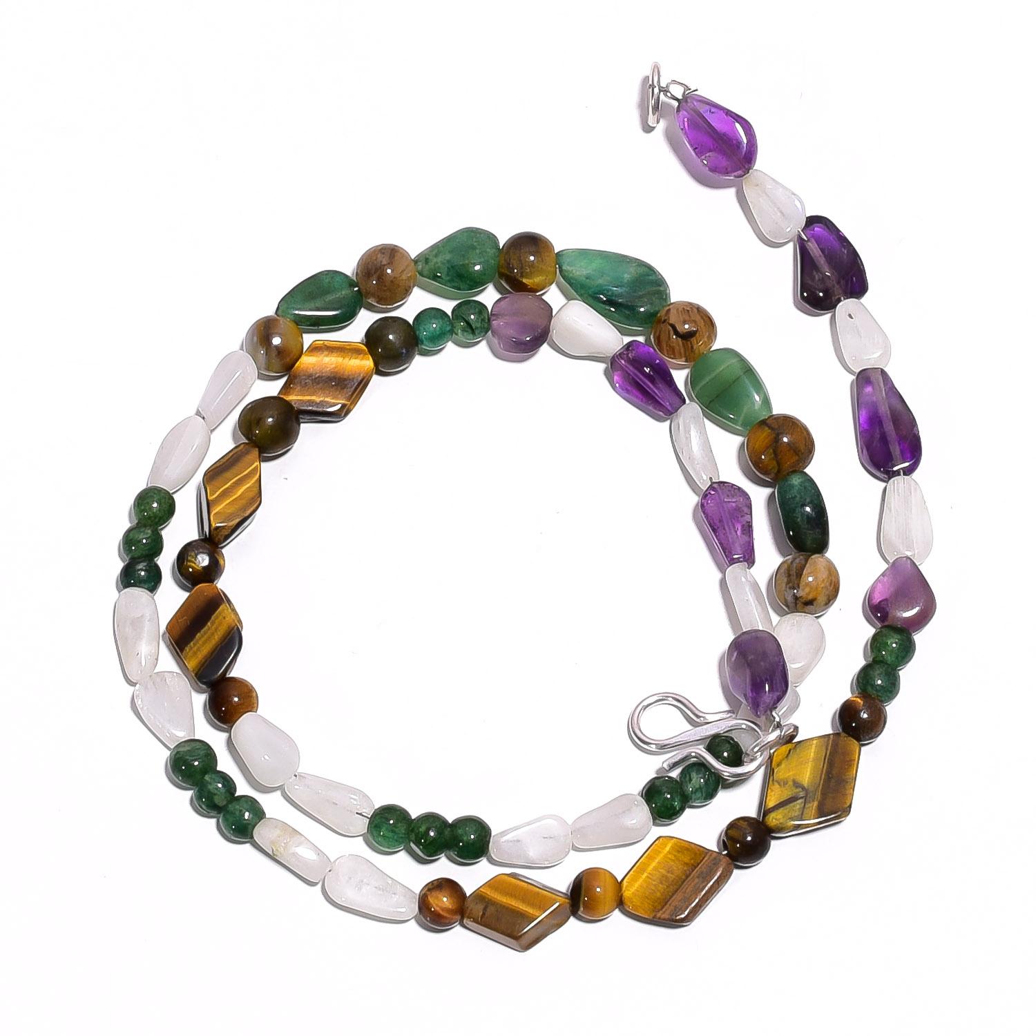 

Natural Tiger Eye Moonstone Aventurine Gemstone Smooth Beads Necklace 17 UB4605 UB-4605