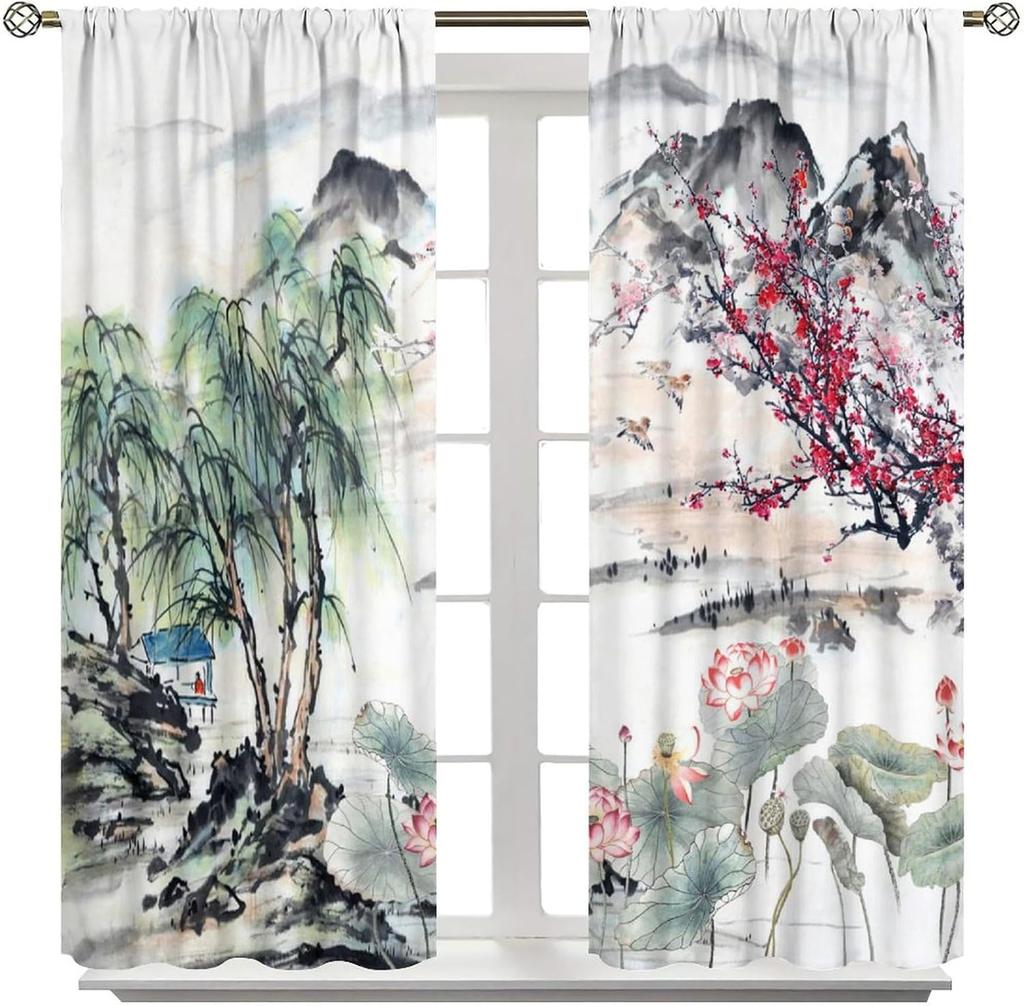 Asian Cherry Blossom Curtains Bedroom Japanese Traditional Landscape Ink Nature Plum Lotus Flower Windo Curtain Polyester Perfect For Sleeping Area
