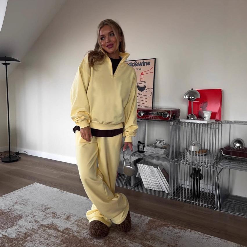 Completo Casual con Felpa con Cappuccio e Pantaloni Tuta Giallo Chiaro da Donna con Coulisse Streetwear Due Pezzi