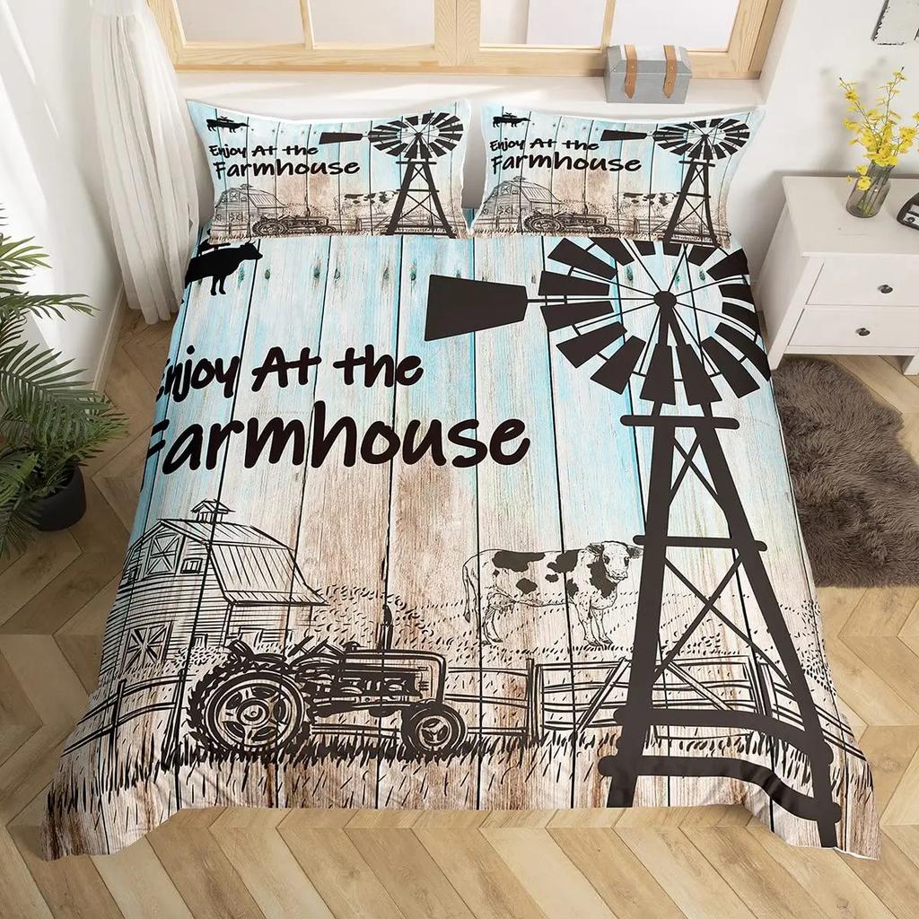 Rustic Wooden Barn Duvet Cover Set Wood Rustic Bedding Set Full King SizeFarm Farmhouse Comforter CoverPlank Wall Quilt Cover