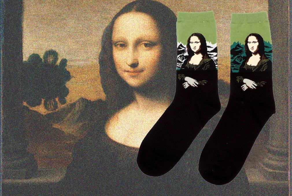 Cansok Cotton Socks featuring Starry Mona and Great Waves Men's 5-Pair Set, Night, Lisa's Smile, Kanagawa's (Famous Paintings)