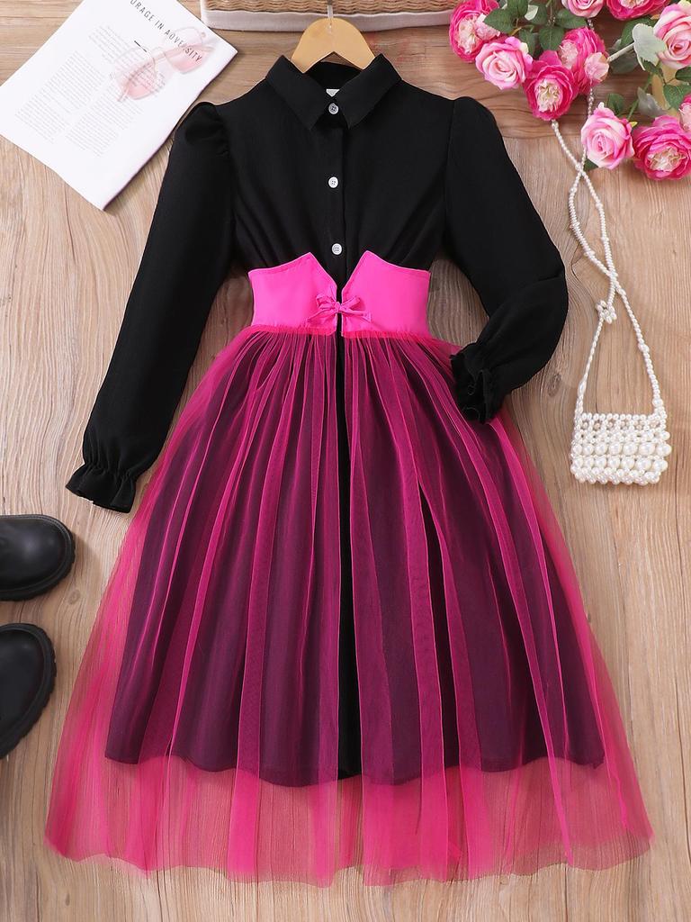 Mädchen Langarm Mesh Patchwork Kleid mit Gürtel und Umlegekragen
