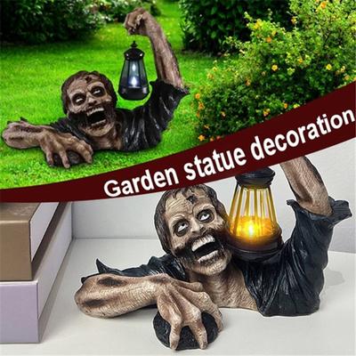 Horror Zombie Crawling Out of Grave with Led Lantern Halloween Garden Decor Statues Movie Walking Dead Creepy