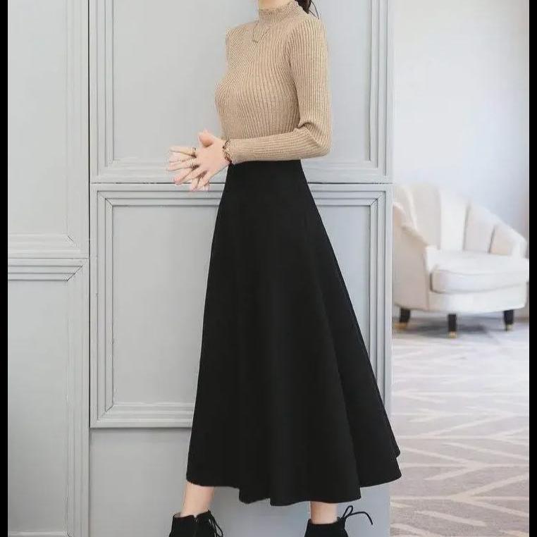 Mittellanger elastischer Rock im koreanischen Stil mit hoher Taille für Damen