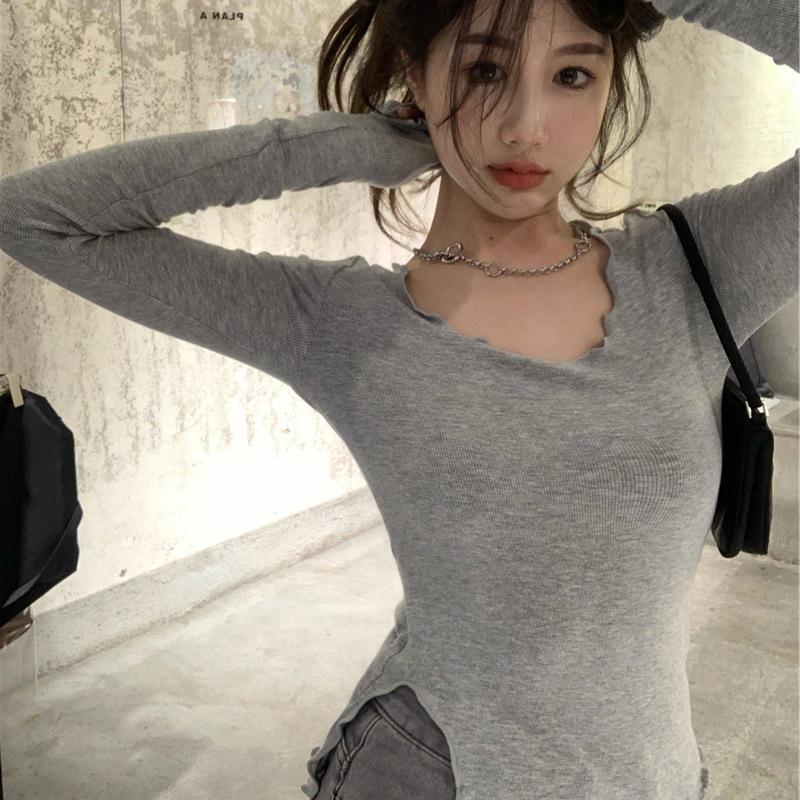 Women's Gray Autumn Long Sleeve Fitted Crop T-Shirt