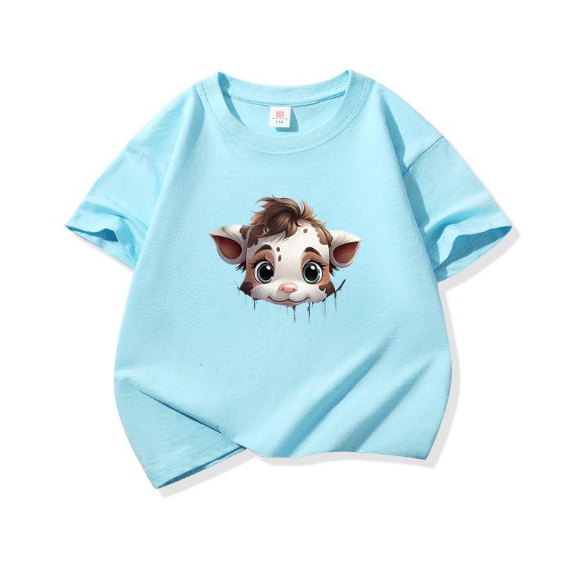 Kids Cotton T Shirt Light Spotted Baby Cow Peeking Print Crew Neck Short Sleeve Tee Casual Boys Girls Summer Tops