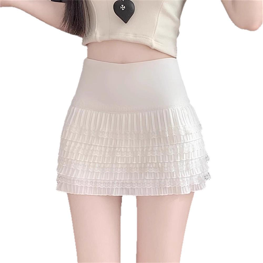 Chic Elastic Waist Pleated White Lace Skirt - Sweet High-Waist, Layered for Autumn/Winter
