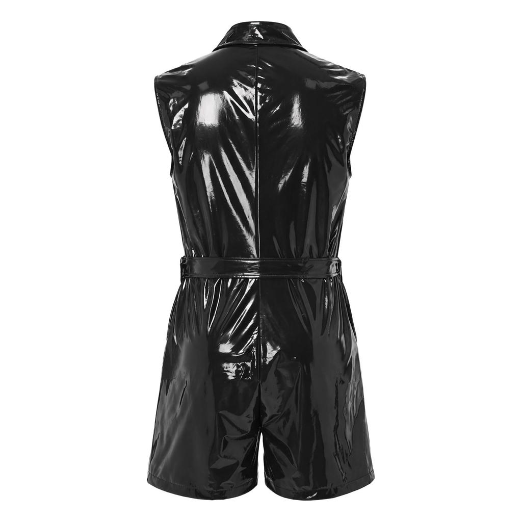Men Zip Front Patent Leather Bodysuit Sleeveless Lapel Collar Adjustable Belt Pockets Slim Fit Jumpsuit for Club Rave Festival Stage